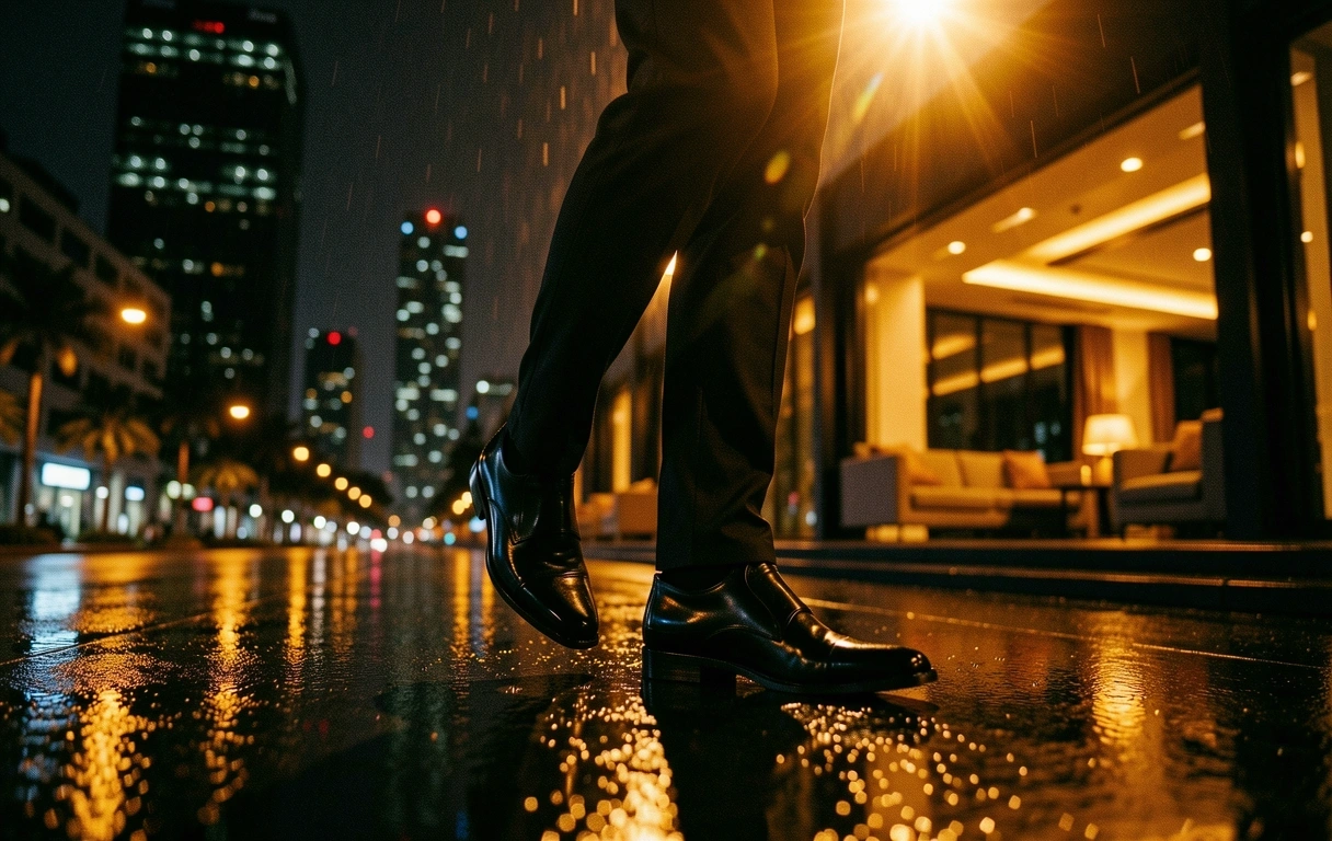 Nocturnal Jakarta city streets with rain reflections